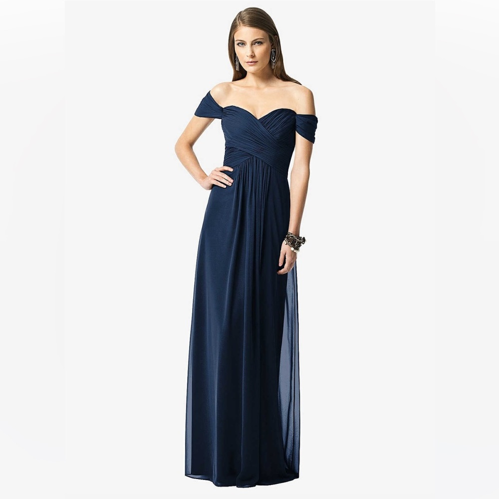 After Six- Off the shoulder ruched chiffon maxi dress in Midnight Navy- Size 12